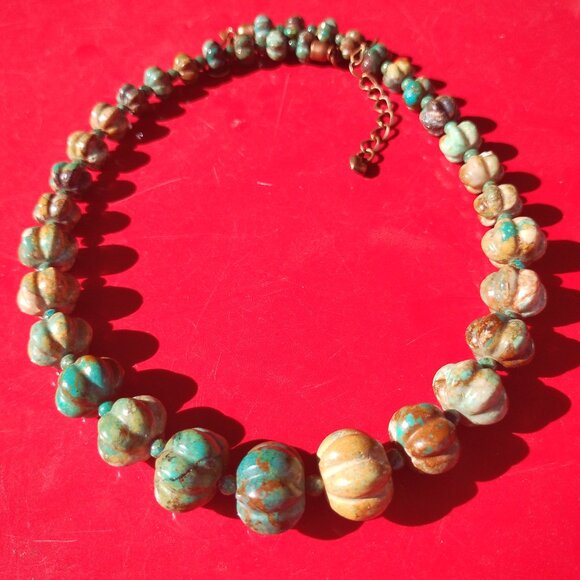 Jay King DTR mine finds green brown carved Turquoise necklace copper clasp - Picture 5 of 9